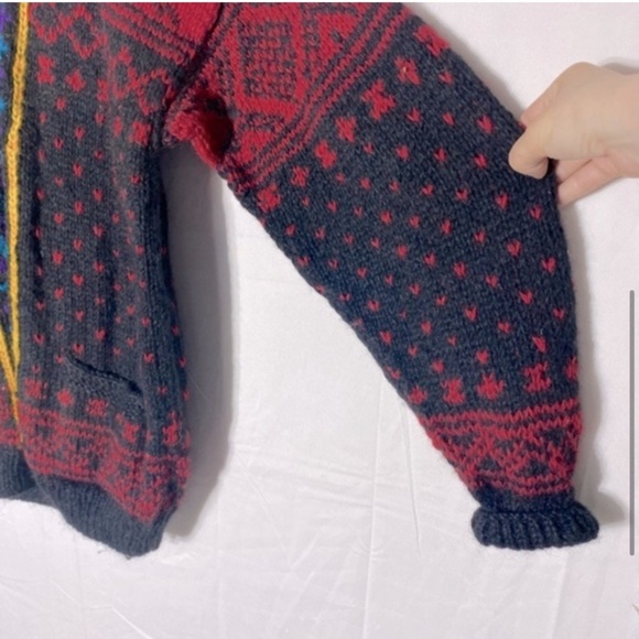 Vintage Namaste Woolens Handmade Wool Jacquard Knit Crew Neck Button Cardigan XL - Picture 5 of 13